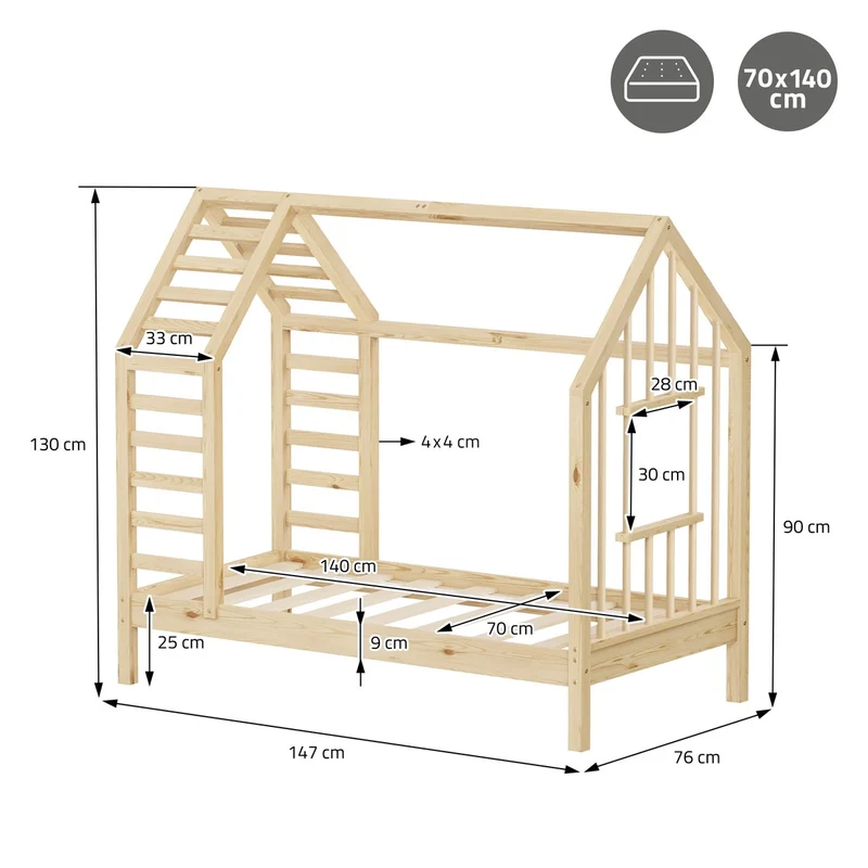 ML-DESIGN | Kinderbett mit Lattenrost aus massivem Kiefernholz 70x140 cm Natur Hausbett mit Dach & Fenster Montessori Bettgestell für Mädchen & Jungen