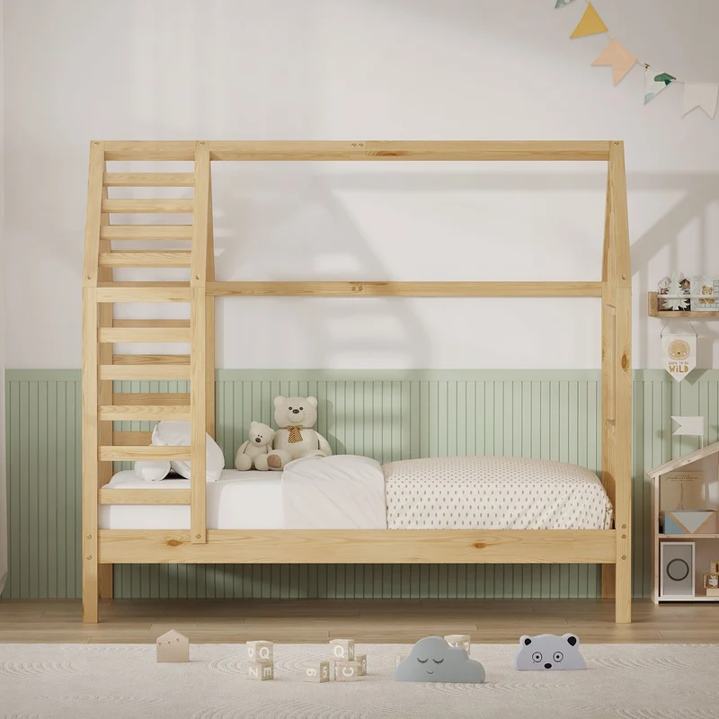 ML-DESIGN | Kinderbett mit Lattenrost aus massivem Kiefernholz 70x140 cm Natur Hausbett mit Dach & Fenster Montessori Bettgestell für Mädchen & Jungen