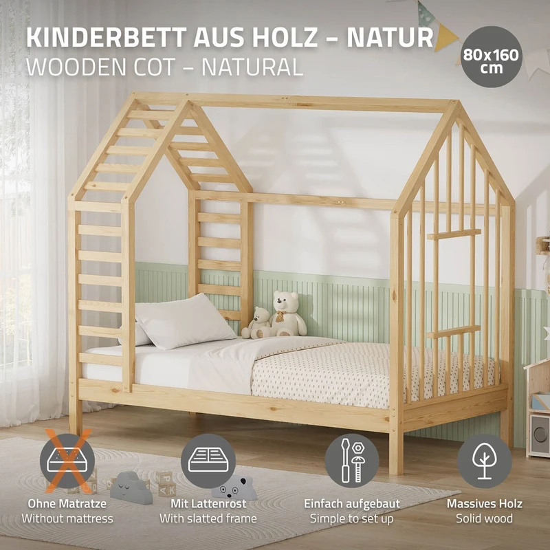 ML-DESIGN | Kinderbett mit Lattenrost aus massivem Kiefernholz 80x160 cm Natur Hausbett mit Dach & Fenster Montessori Bettgestell für Mädchen & Jungen