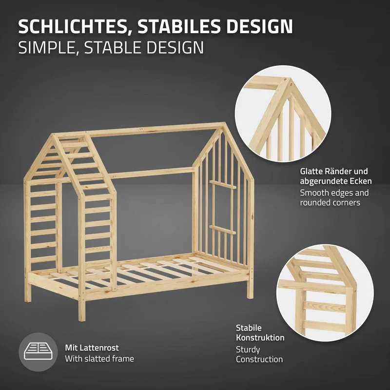 ML-DESIGN | Kinderbett mit Lattenrost aus massivem Kiefernholz 80x160 cm Natur Hausbett mit Dach & Fenster Montessori Bettgestell für Mädchen & Jungen