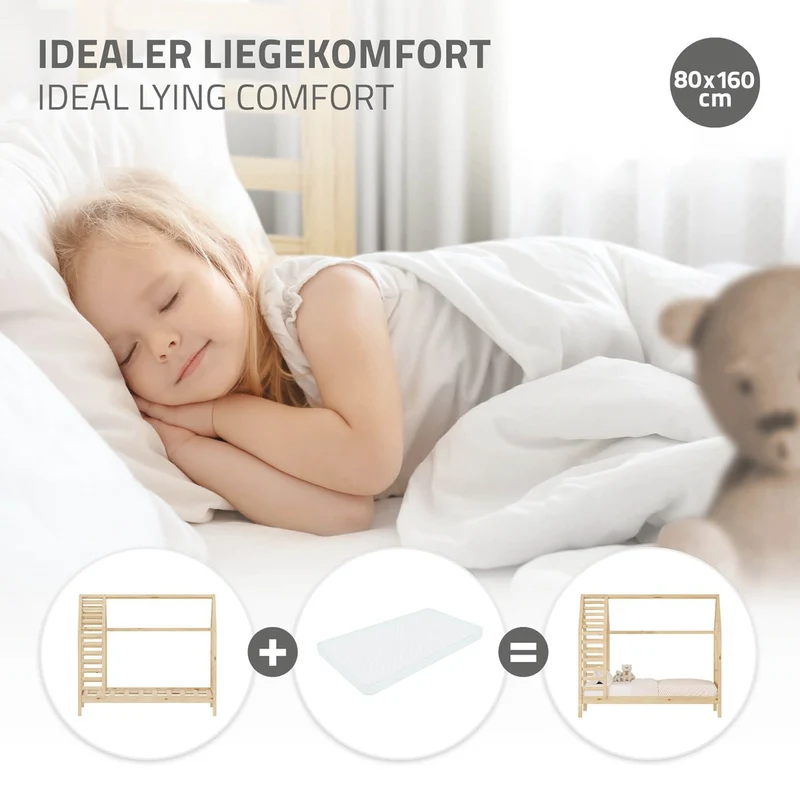 ML-DESIGN | Kinderbett mit Lattenrost aus massivem Kiefernholz 80x160 cm Natur Hausbett mit Dach & Fenster Montessori Bettgestell für Mädchen & Jungen
