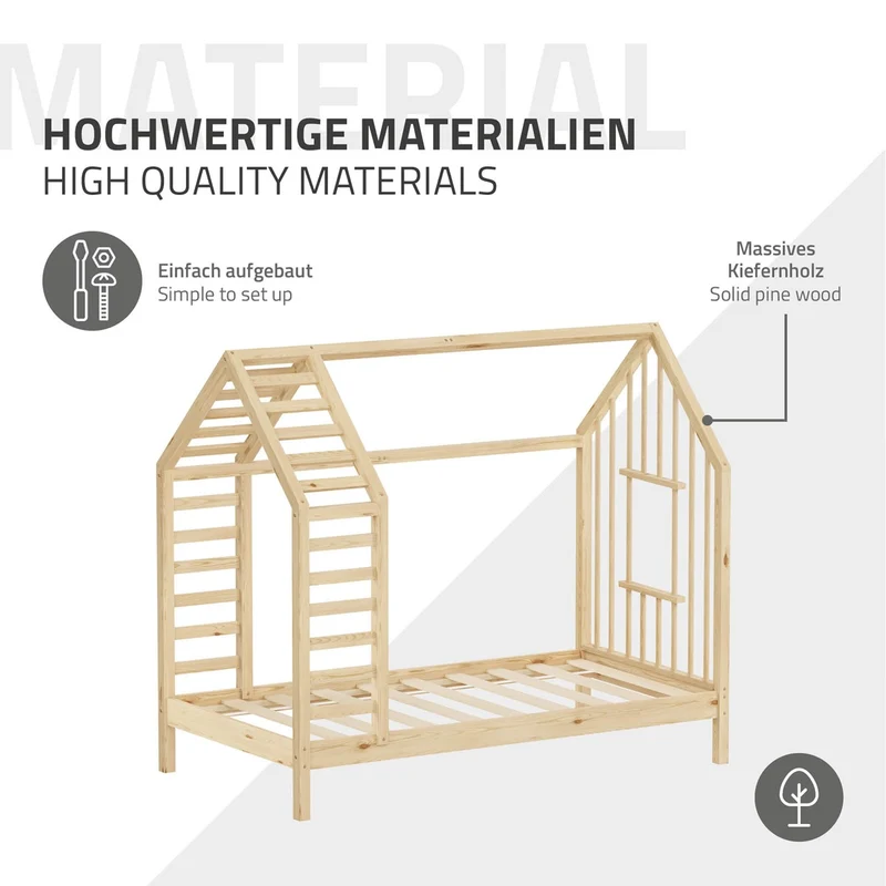 ML-DESIGN | Kinderbett mit Lattenrost aus massivem Kiefernholz 80x160 cm Natur Hausbett mit Dach & Fenster Montessori Bettgestell für Mädchen & Jungen