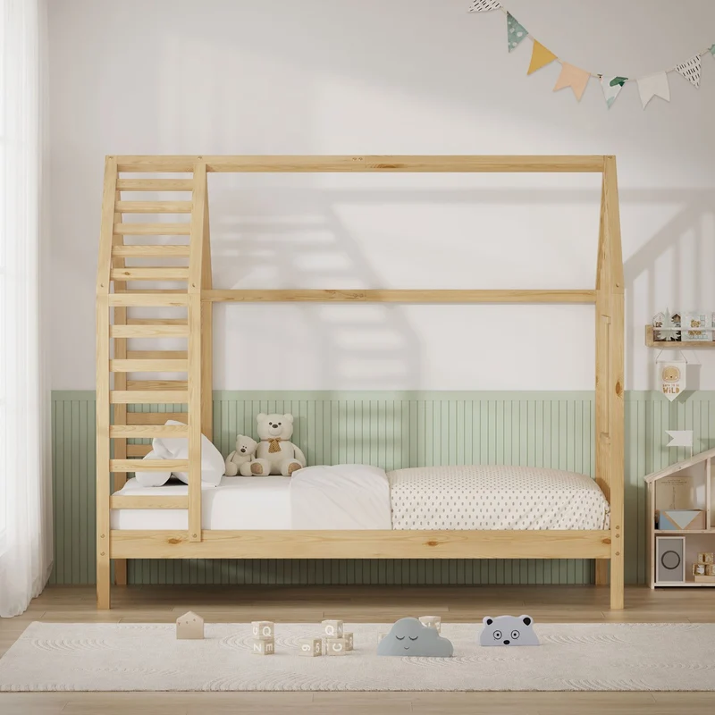 ML-DESIGN | Kinderbett mit Lattenrost aus massivem Kiefernholz 80x160 cm Natur Hausbett mit Dach & Fenster Montessori Bettgestell für Mädchen & Jungen