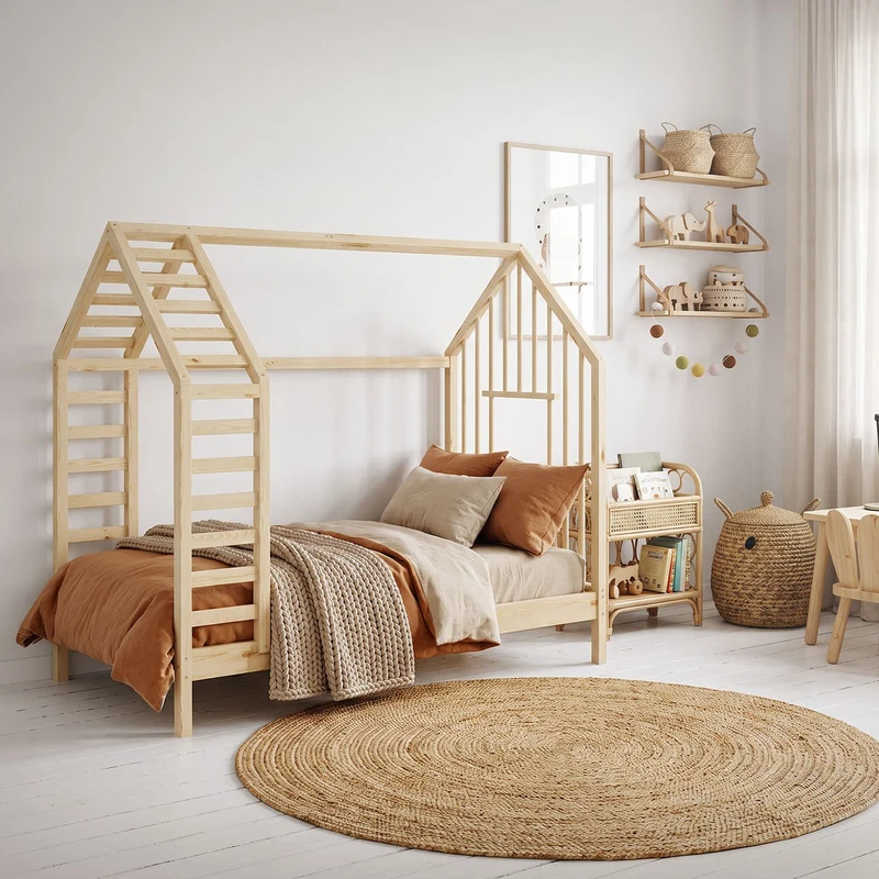 ML-DESIGN | Kinderbett mit Lattenrost aus massivem Kiefernholz 80x160 cm Natur Hausbett mit Dach & Fenster Montessori Bettgestell für Mädchen & Jungen