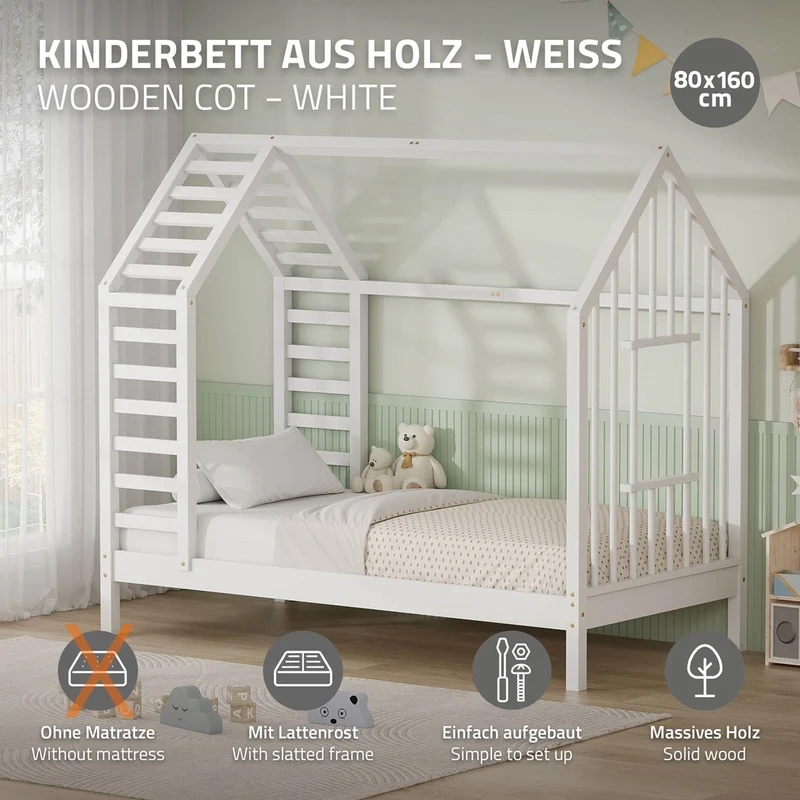 ML-DESIGN | Kinderbett mit Lattenrost aus massivem Kiefernholz 80x160 cm Weiß Hausbett mit Dach & Fenster Montessori Bettgestell für Mädchen & Jungen