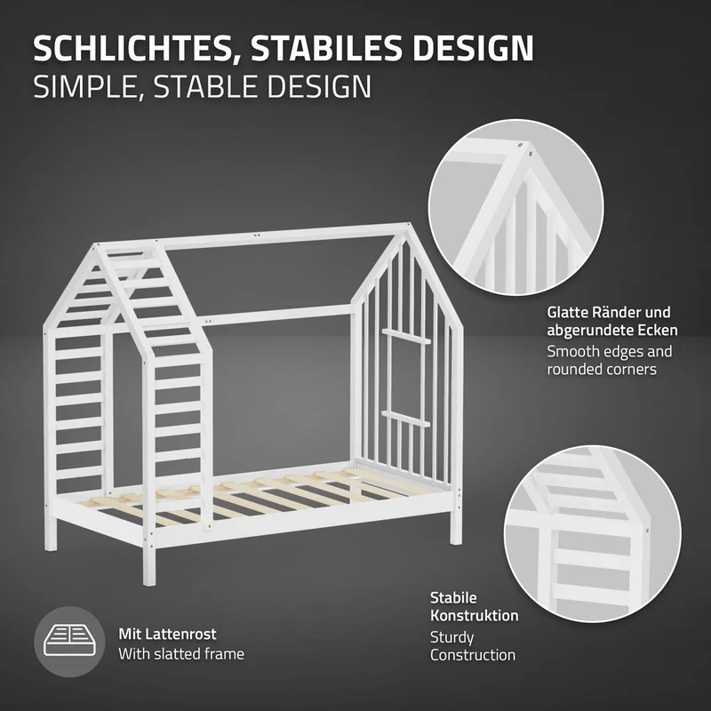 ML-DESIGN | Kinderbett mit Lattenrost aus massivem Kiefernholz 80x160 cm Weiß Hausbett mit Dach & Fenster Montessori Bettgestell für Mädchen & Jungen