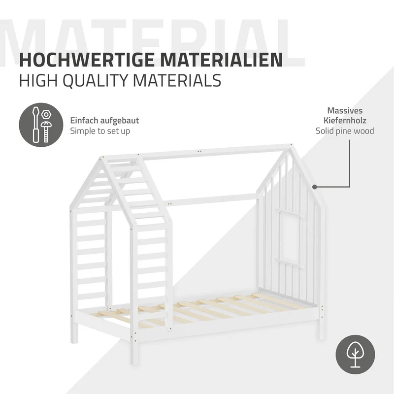 ML-DESIGN | Kinderbett mit Lattenrost aus massivem Kiefernholz 80x160 cm Weiß Hausbett mit Dach & Fenster Montessori Bettgestell für Mädchen & Jungen
