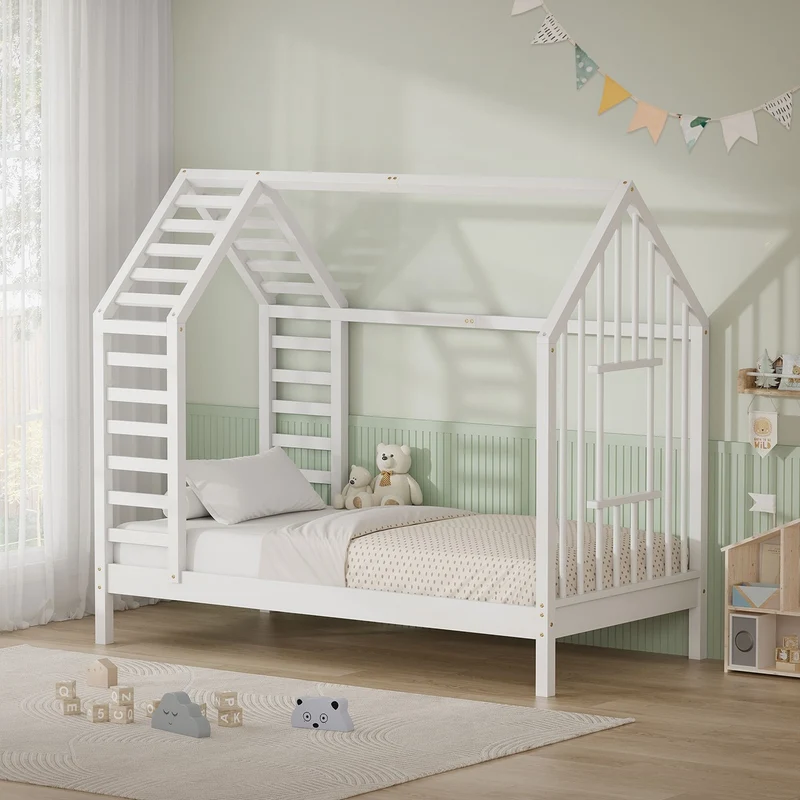 ML-DESIGN | Kinderbett mit Lattenrost aus massivem Kiefernholz 80x160 cm Weiß Hausbett mit Dach & Fenster Montessori Bettgestell für Mädchen & Jungen