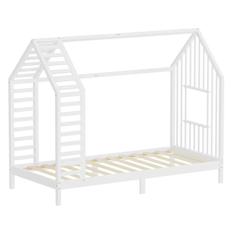 ML-DESIGN | Kinderbett mit Lattenrost aus massivem Kiefernholz 90x200 cm Weiß Hausbett mit Dach & Fenster Montessori Bettgestell für Mädchen & Jungen