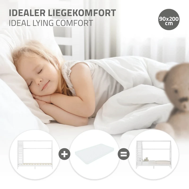 ML-DESIGN | Kinderbett mit Lattenrost aus massivem Kiefernholz 90x200 cm Weiß Hausbett mit Dach & Fenster Montessori Bettgestell für Mädchen & Jungen