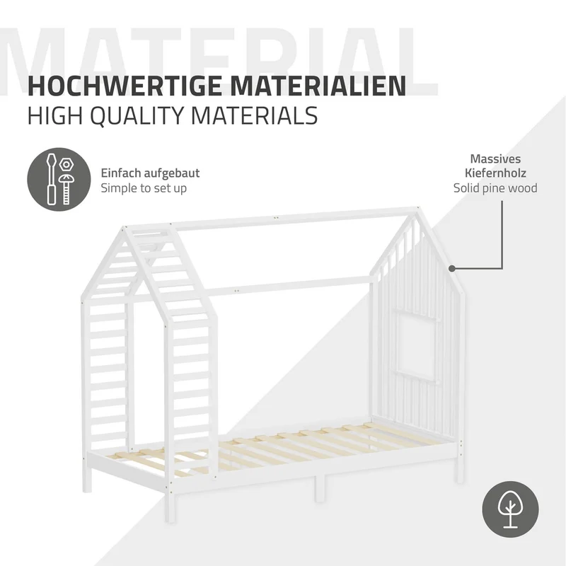 ML-DESIGN | Kinderbett mit Lattenrost aus massivem Kiefernholz 90x200 cm Weiß Hausbett mit Dach & Fenster Montessori Bettgestell für Mädchen & Jungen