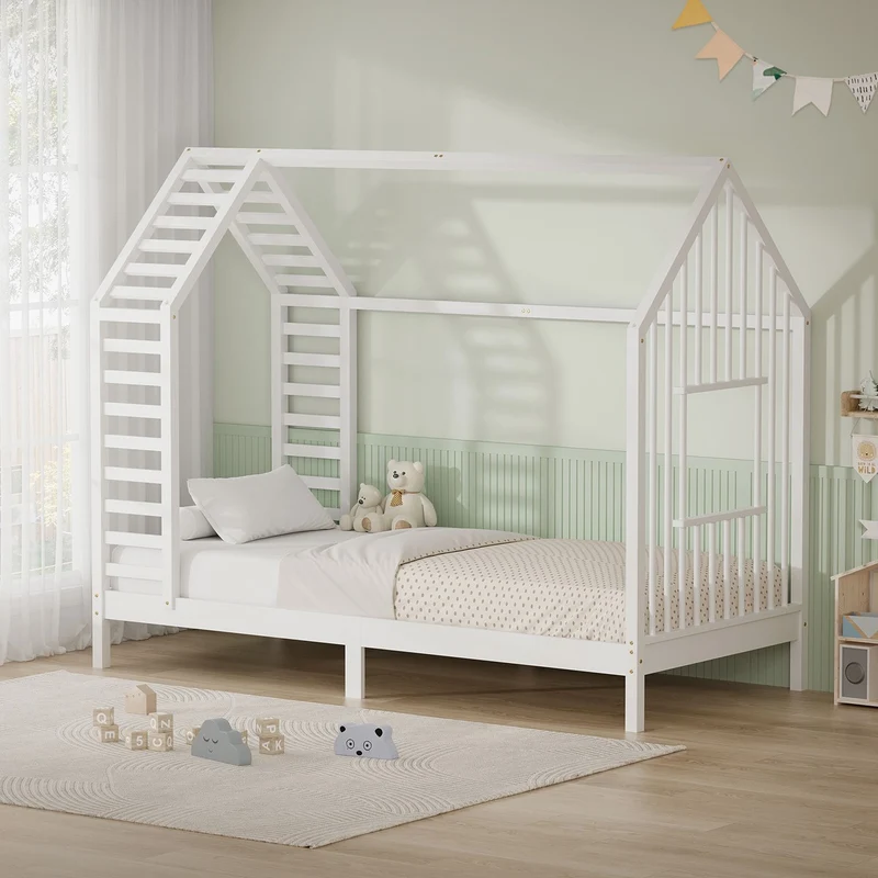 ML-DESIGN | Kinderbett mit Lattenrost aus massivem Kiefernholz 90x200 cm Weiß Hausbett mit Dach & Fenster Montessori Bettgestell für Mädchen & Jungen