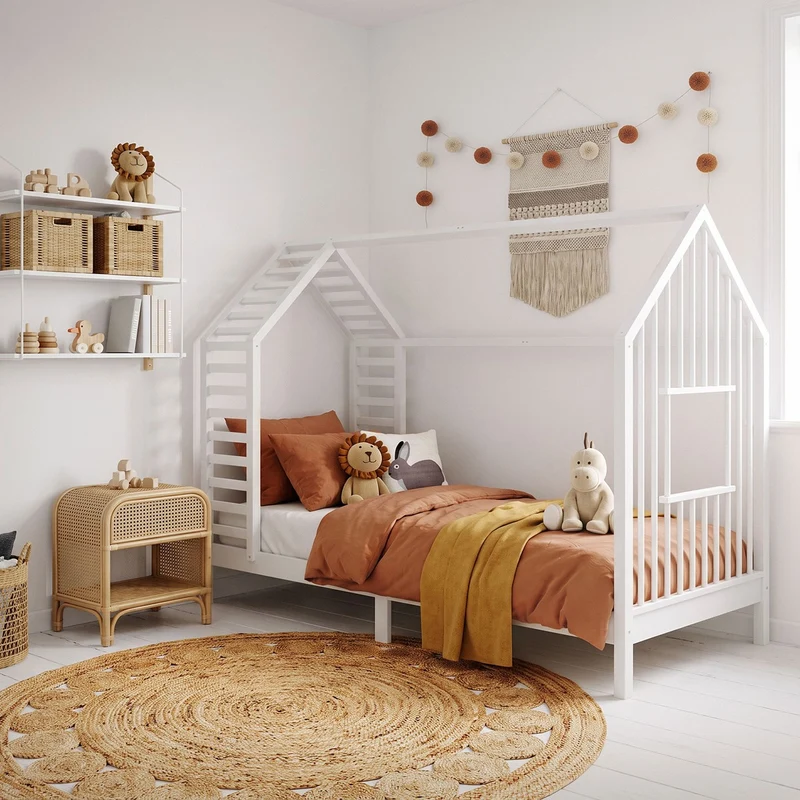 ML-DESIGN | Kinderbett mit Lattenrost aus massivem Kiefernholz 90x200 cm Weiß Hausbett mit Dach & Fenster Montessori Bettgestell für Mädchen & Jungen