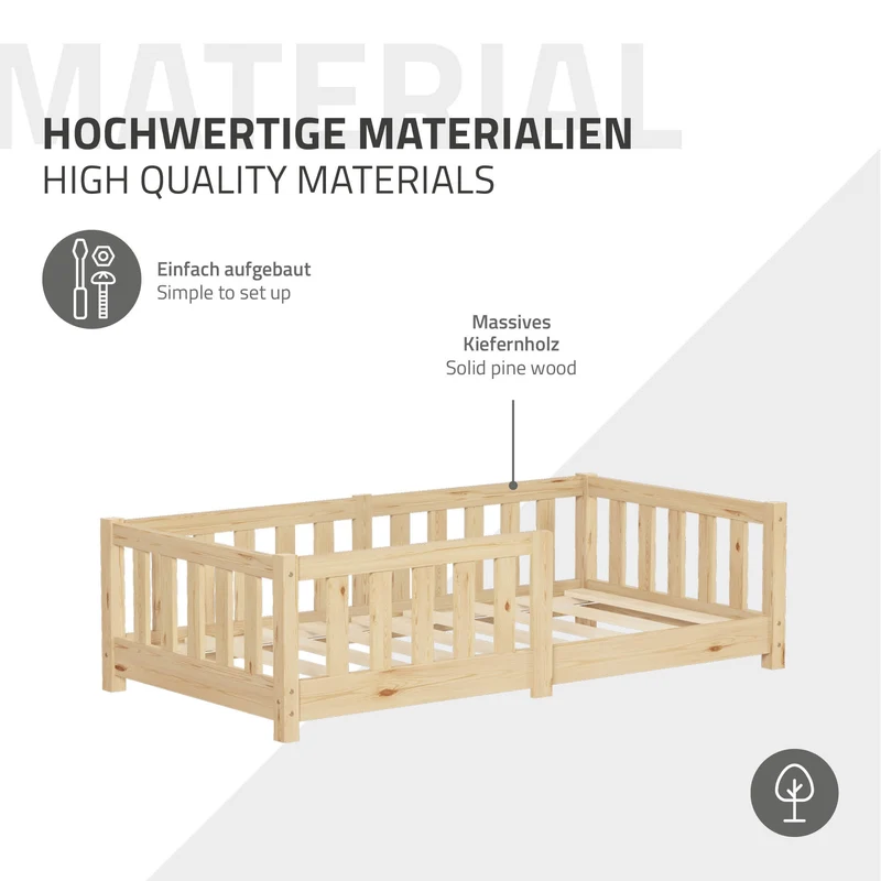 Kinderbett 70x140 cm mit Lattenrost und Rausfallschutz Natur Kiefernholz ML-Design