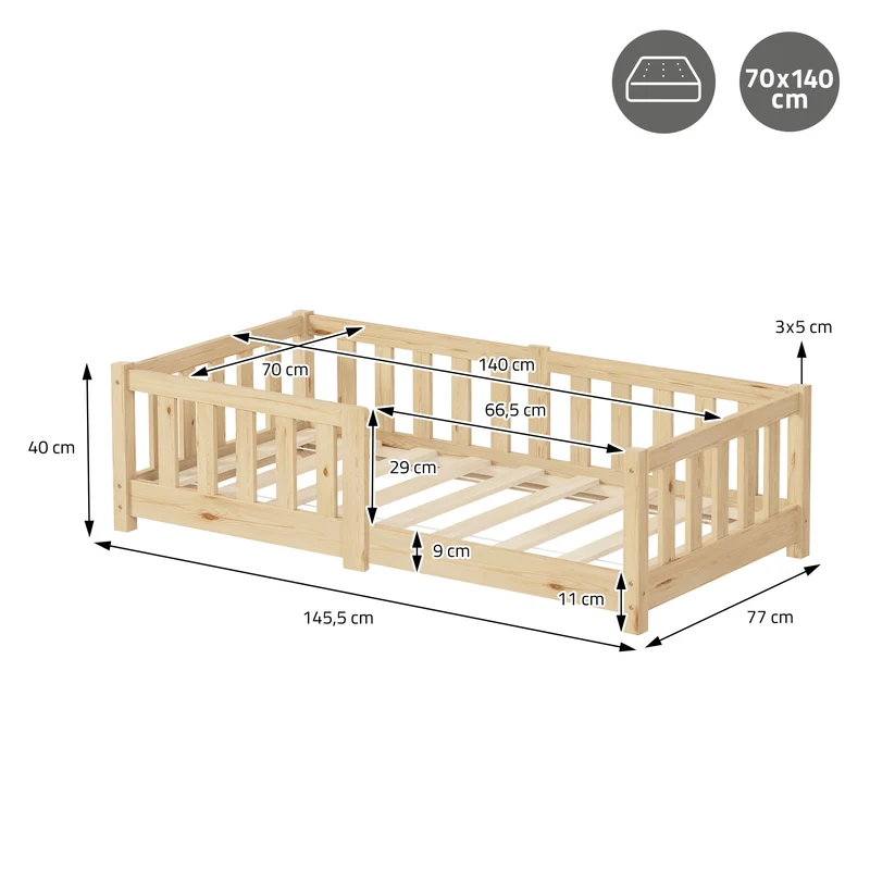 Kinderbett 70x140 cm mit Lattenrost und Rausfallschutz Natur Kiefernholz ML-Design