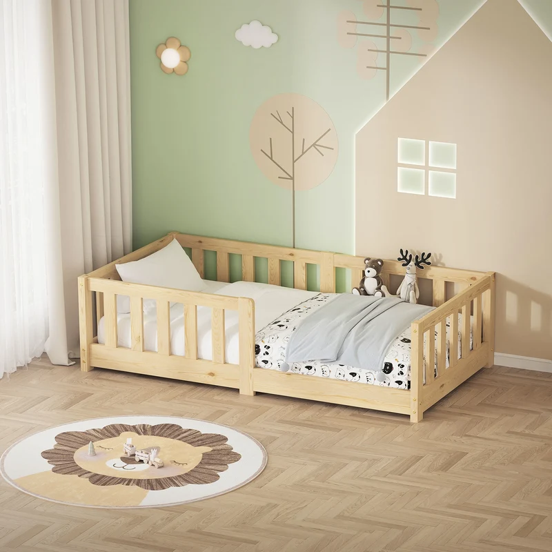 Kinderbett 70x140 cm mit Lattenrost und Rausfallschutz Natur Kiefernholz ML-Design