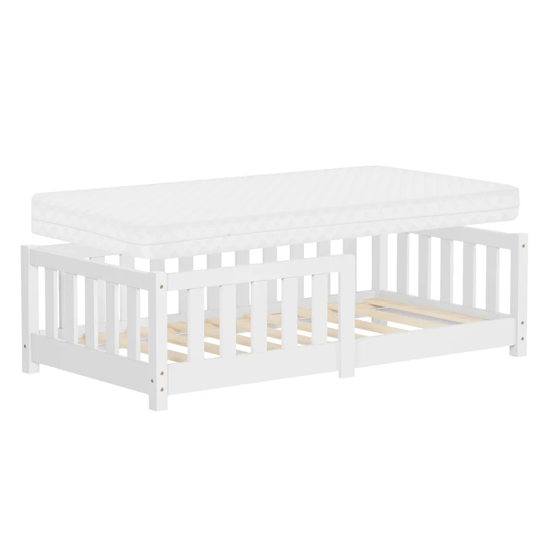 Kinderbett 70x140 cm mit Lattenrost Rausfallschutz und Matratze H-10 cm Weiß Kiefernholz ML-Design