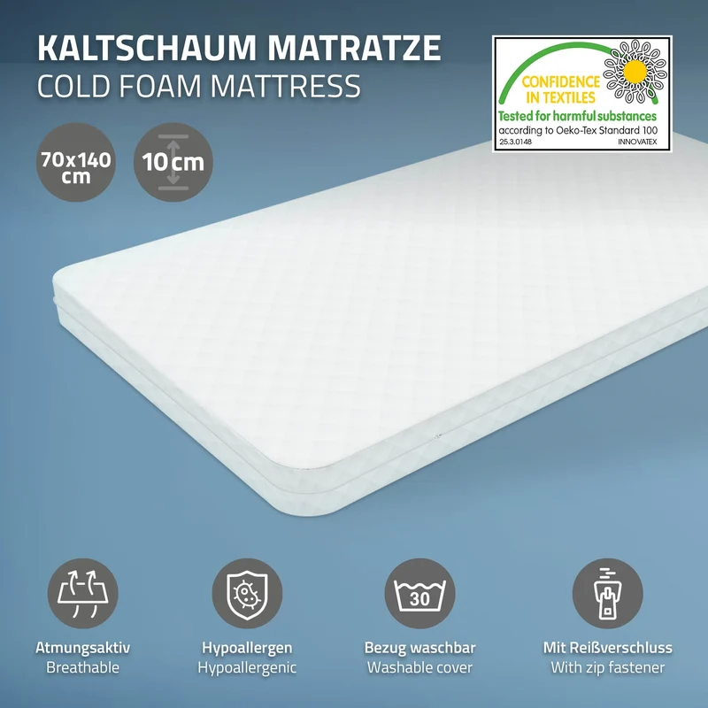 Kinderbett 70x140 cm mit Lattenrost Rausfallschutz und Matratze H-10 cm Weiß Kiefernholz ML-Design