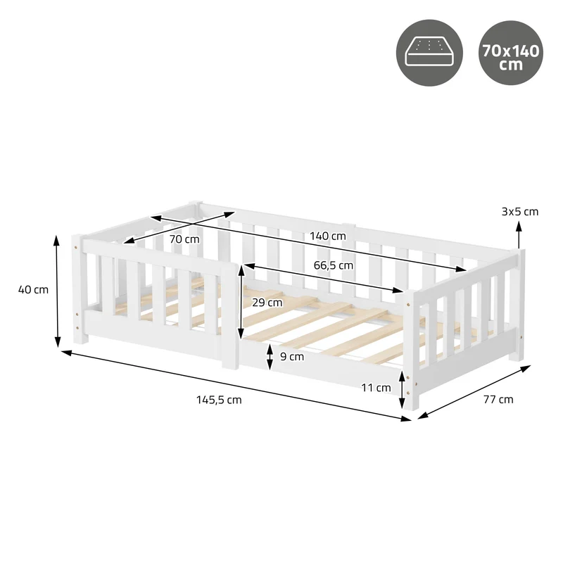 Kinderbett 70x140 cm mit Lattenrost Rausfallschutz und Matratze H-10 cm Weiß Kiefernholz ML-Design