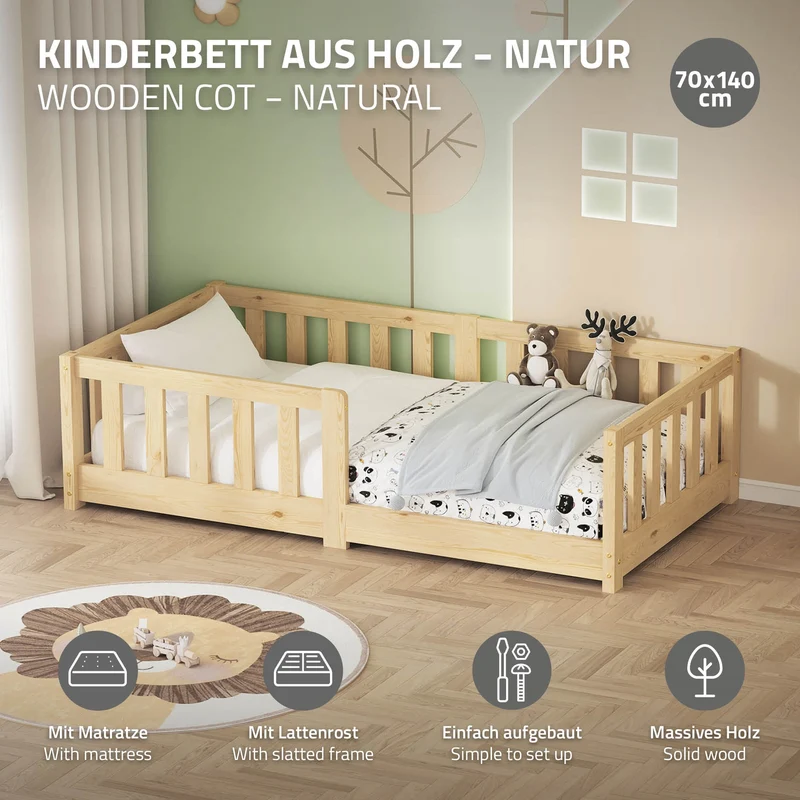 Kinderbett 70x140 cm mit Lattenrost Rausfallschutz und Matratze H-10 cm Natur Kiefernholz ML-Design