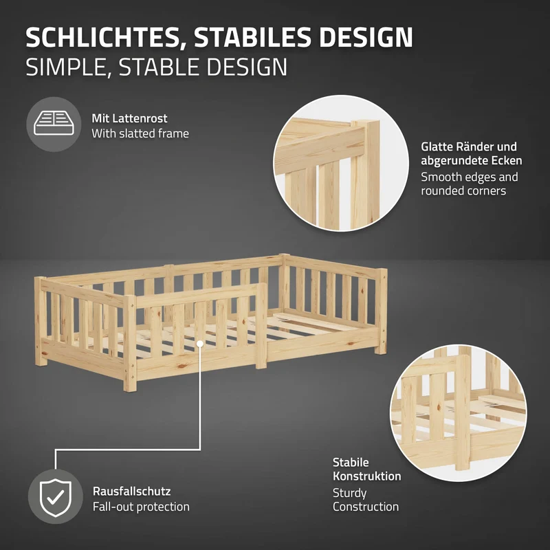 Kinderbett 70x140 cm mit Lattenrost Rausfallschutz und Matratze H-10 cm Natur Kiefernholz ML-Design
