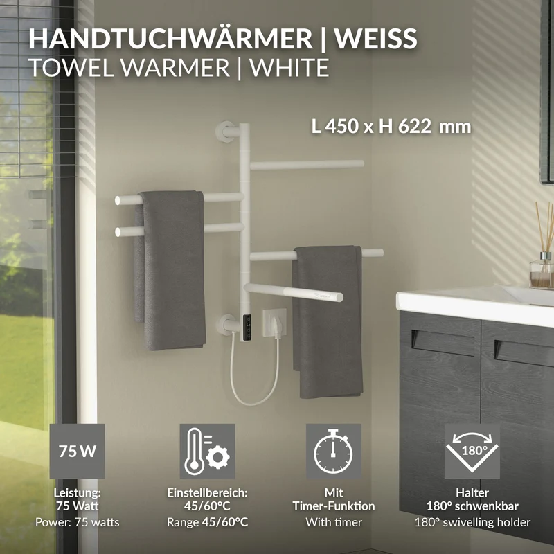 Handtuchwärmer Elektrisch 450x622 mm mit 5 schwenkbaren Armen & Timerfunktion, 75W Handtuchheizkörper Weiß glänzend LuxeBath