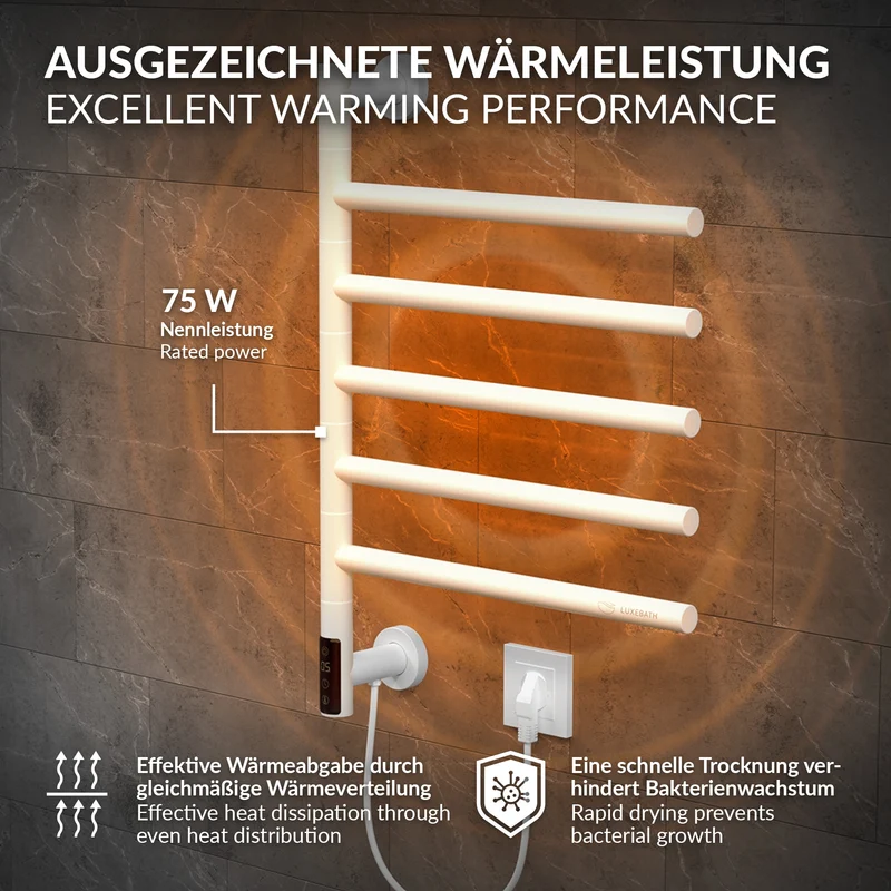 Handtuchwärmer Elektrisch 450x622 mm mit 5 schwenkbaren Armen & Timerfunktion, 75W Handtuchheizkörper Weiß glänzend LuxeBath