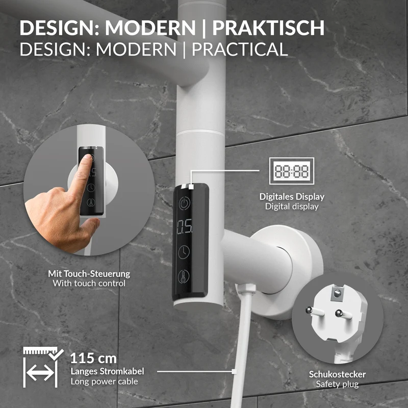 Handtuchwärmer Elektrisch 450x622 mm mit 5 schwenkbaren Armen & Timerfunktion, 75W Handtuchheizkörper Weiß glänzend LuxeBath