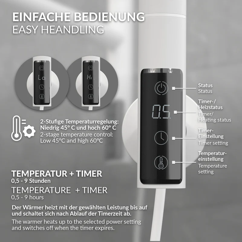 Handtuchwärmer Elektrisch 450x622 mm mit 5 schwenkbaren Armen & Timerfunktion, 75W Handtuchheizkörper Weiß glänzend LuxeBath