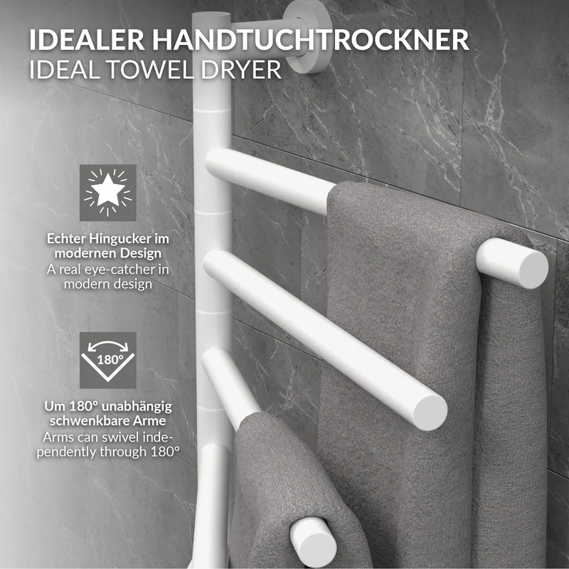 Handtuchwärmer Elektrisch 450x622 mm mit 5 schwenkbaren Armen & Timerfunktion, 75W Handtuchheizkörper Weiß glänzend LuxeBath