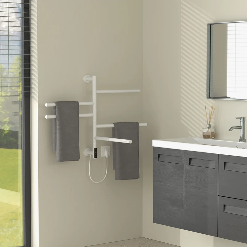 Handtuchwärmer Elektrisch 450x622 mm mit 5 schwenkbaren Armen & Timerfunktion, 75W Handtuchheizkörper Weiß glänzend LuxeBath