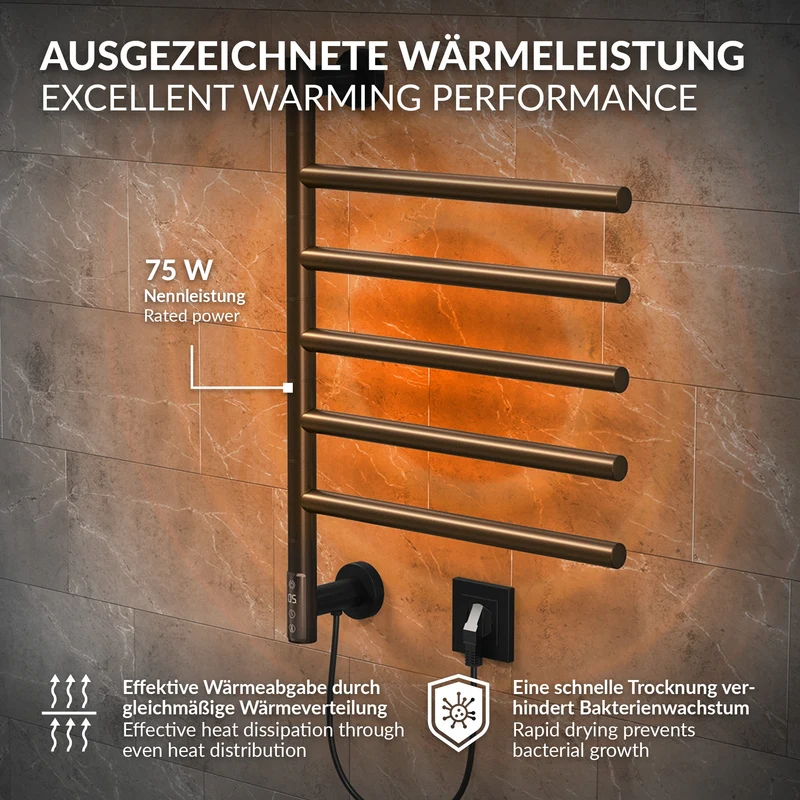 Handtuchwärmer Elektrisch 450x622 mm mit 5 schwenkbaren Armen & Timerfunktion, 75W Handtuchheizkörper Schwarz matt LuxeBath