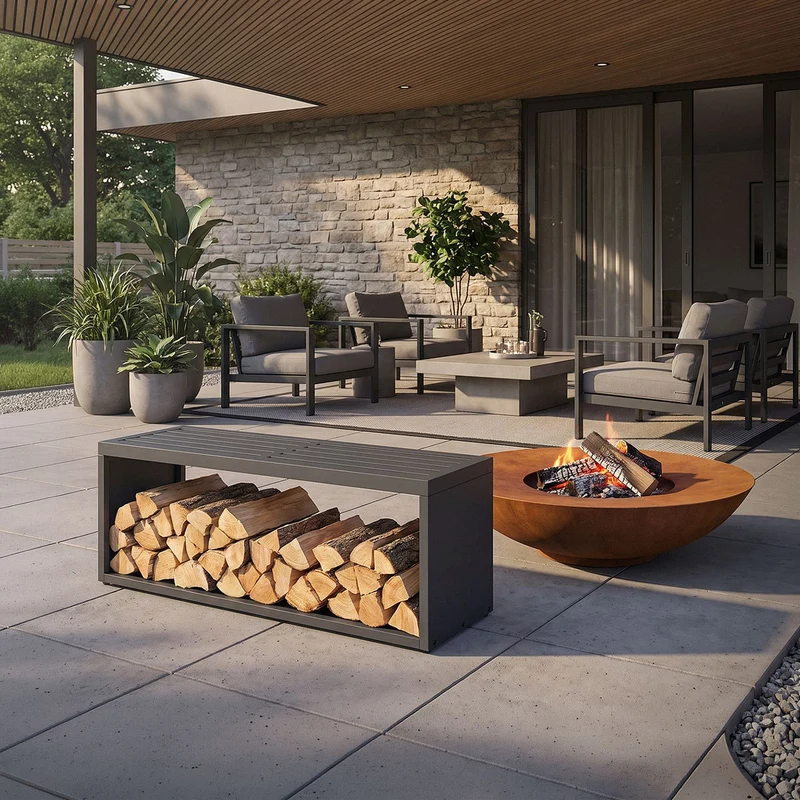 ML-DESIGN | Kaminholzregal Innen/Aussen mit Sitzbank 120x38x43 cm Stahl verzinkt Anthrazit Brennholzregal Metall Holzlager Feuerholzregal wetterfest