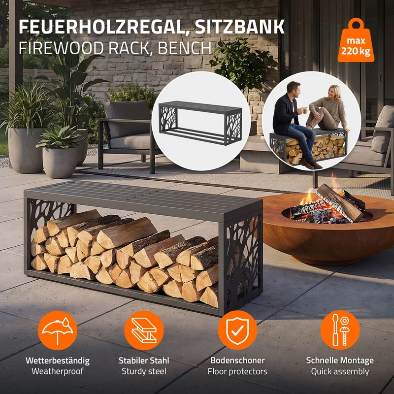 ML-DESIGN | Kaminholzregal Innen/Aussen mit Sitzbank 120x38x43 cm Stahl verzinkt Anthrazit Brennholzregal Holzlager Metall Feuerholzregal wetterfest