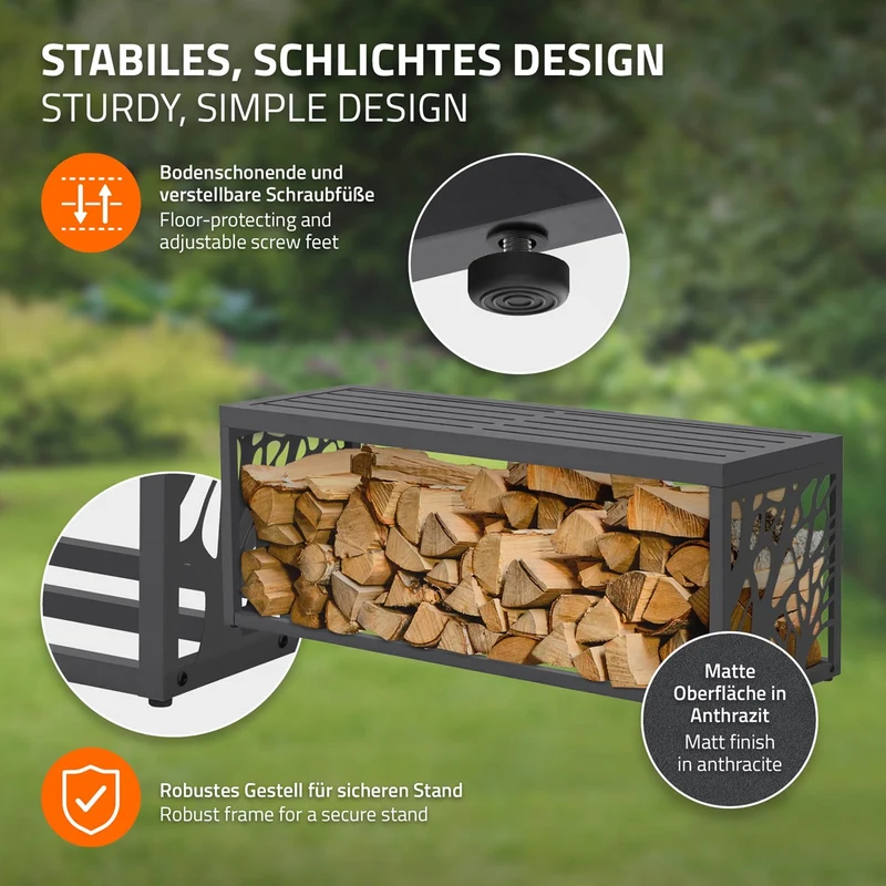 ML-DESIGN | Kaminholzregal Innen/Aussen mit Sitzbank 120x38x43 cm Stahl verzinkt Anthrazit Brennholzregal Holzlager Metall Feuerholzregal wetterfest