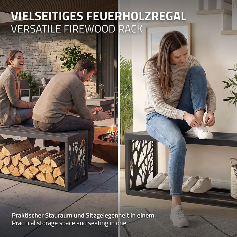 ML-DESIGN | Kaminholzregal Innen/Aussen mit Sitzbank 120x38x43 cm Stahl verzinkt Anthrazit Brennholzregal Holzlager Metall Feuerholzregal wetterfest