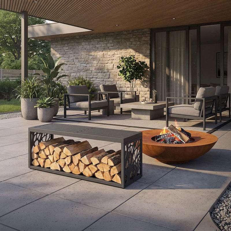 ML-DESIGN | Kaminholzregal Innen/Aussen mit Sitzbank 120x38x43 cm Stahl verzinkt Anthrazit Brennholzregal Holzlager Metall Feuerholzregal wetterfest