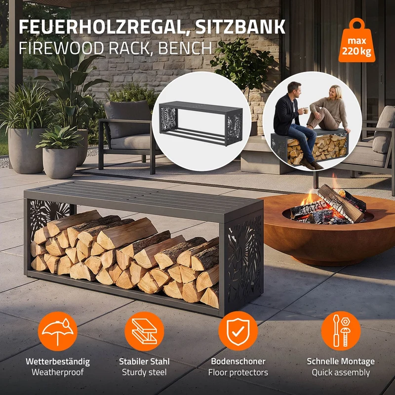 ML-DESIGN | Kaminholzregal Innen/Aussen mit Sitzbank 120x38x43 cm Stahl verzinkt Anthrazit Brennholzregal Metall Holzlager wetterfest Feuerholzregal