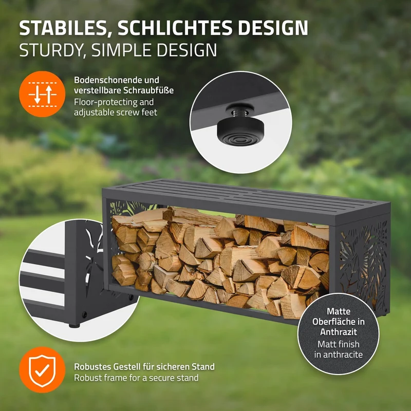 ML-DESIGN | Kaminholzregal Innen/Aussen mit Sitzbank 120x38x43 cm Stahl verzinkt Anthrazit Brennholzregal Metall Holzlager wetterfest Feuerholzregal