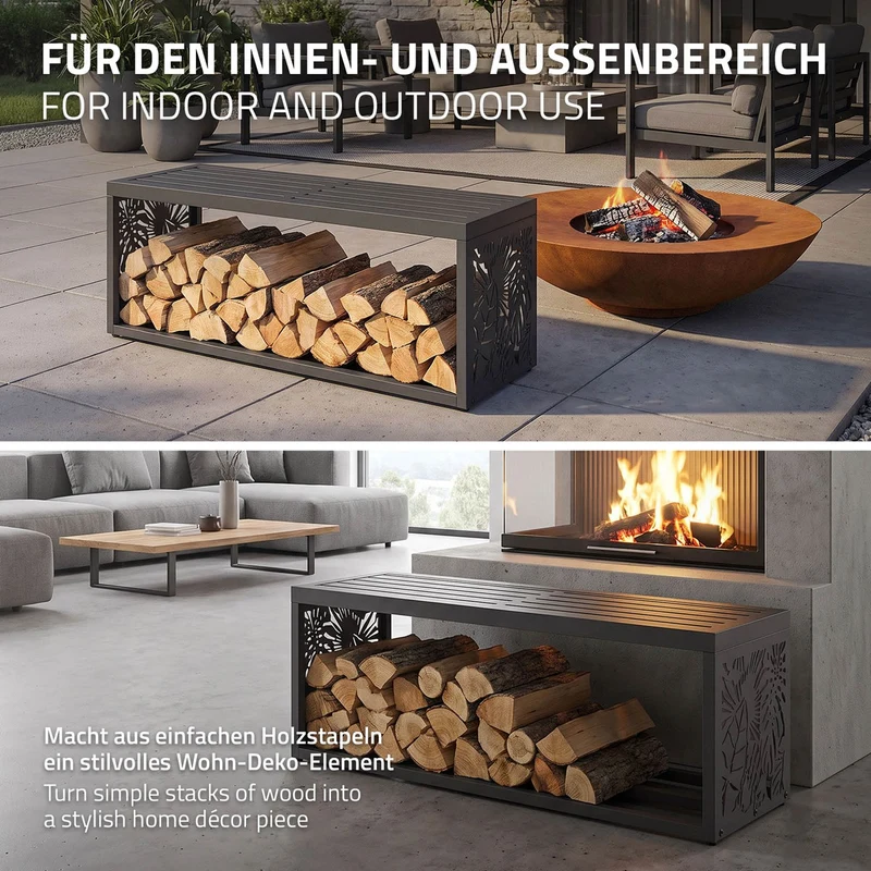 ML-DESIGN | Kaminholzregal Innen/Aussen mit Sitzbank 120x38x43 cm Stahl verzinkt Anthrazit Brennholzregal Metall Holzlager wetterfest Feuerholzregal