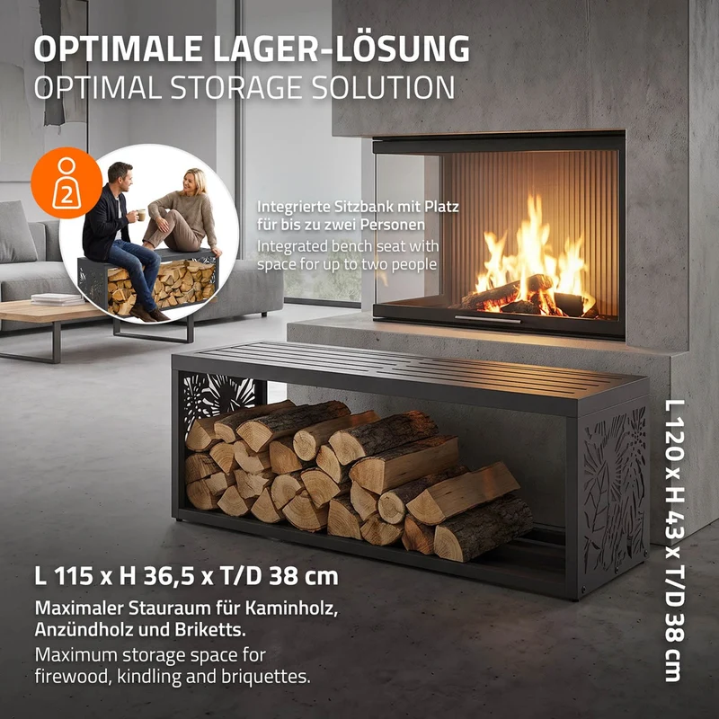 ML-DESIGN | Kaminholzregal Innen/Aussen mit Sitzbank 120x38x43 cm Stahl verzinkt Anthrazit Brennholzregal Metall Holzlager wetterfest Feuerholzregal