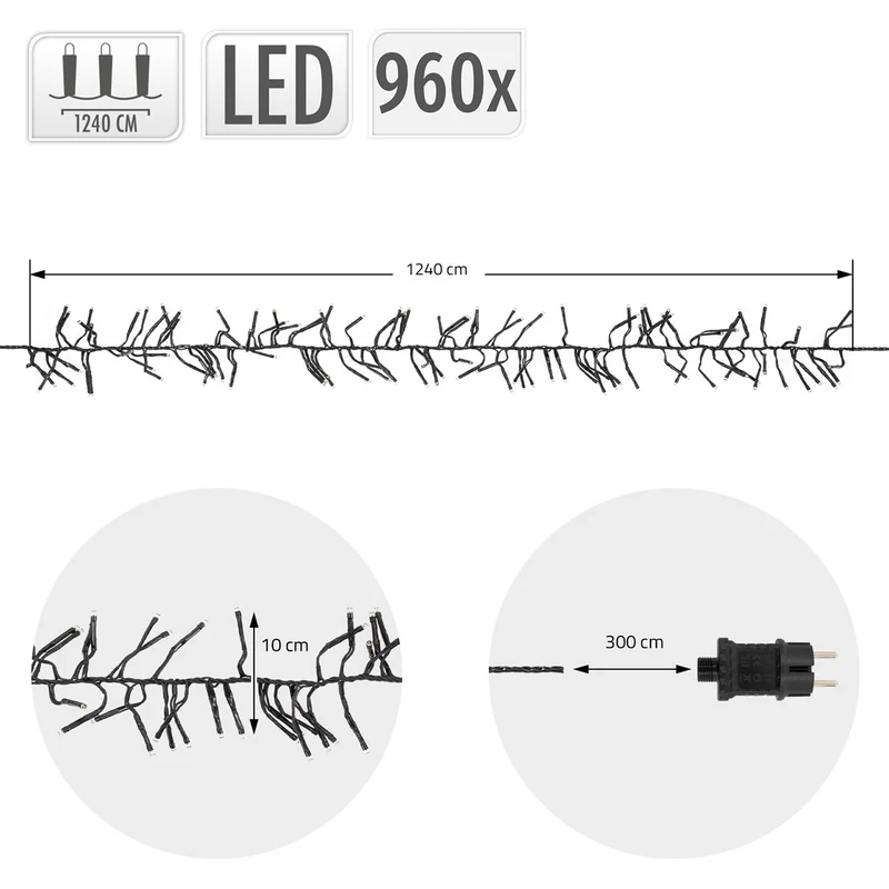 ECD Germany | LED Lichterkette Außen Innen 12,4 m Warmweiß Weihnachtsbeleuchtung LED Cluster Büschellichterkette Weihnachten wetterfest 960 LED Timer