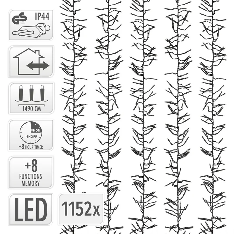 ECD Germany | LED Lichterkette Außen Innen 14,9 m Warmweiß Weihnachtsbeleuchtung LED Cluster Büschellichterkette Weihnachten wetterfest 1152 LED Timer