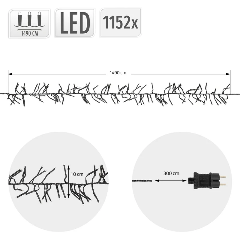 ECD Germany | LED Lichterkette Außen Innen 14,9 m Warmweiß Weihnachtsbeleuchtung LED Cluster Büschellichterkette Weihnachten wetterfest 1152 LED Timer