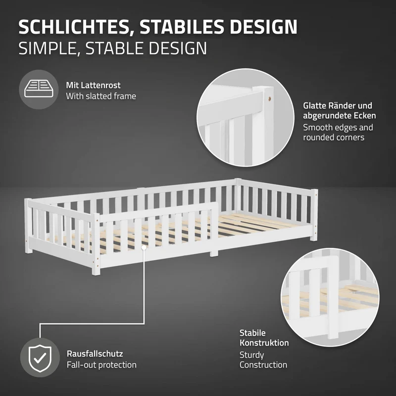Kinderbett 90x200 cm mit Lattenrost und Rausfallschutz Weiß Kiefernholz ML-Design