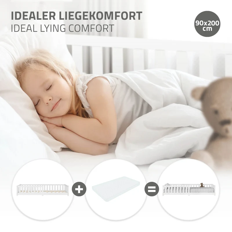 Kinderbett 90x200 cm mit Lattenrost und Rausfallschutz Weiß Kiefernholz ML-Design