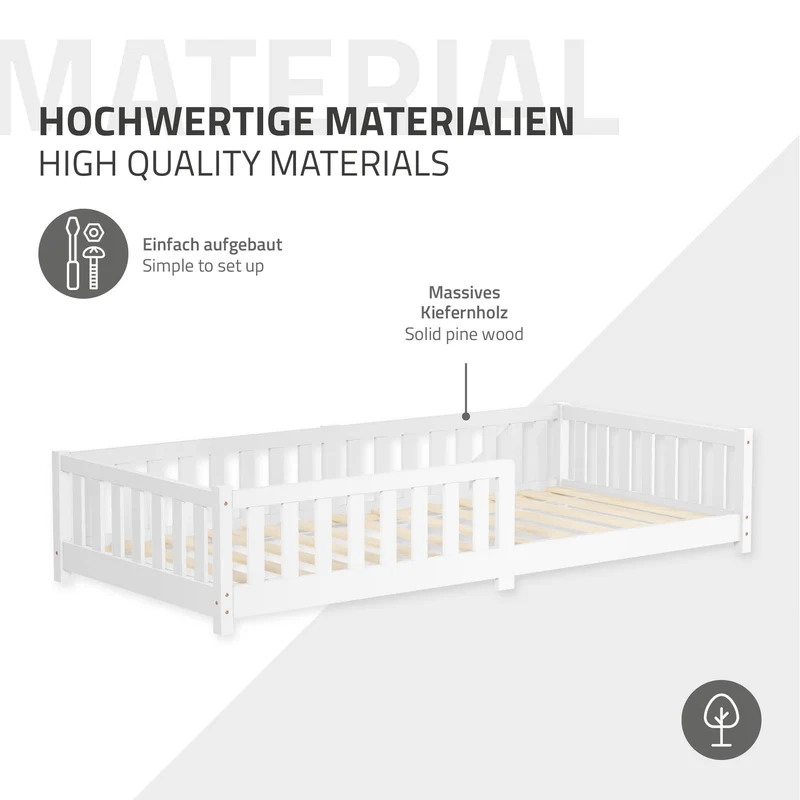Kinderbett 90x200 cm mit Lattenrost und Rausfallschutz Weiß Kiefernholz ML-Design