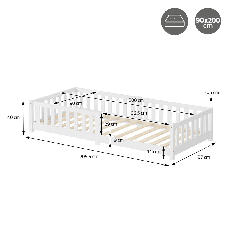 Kinderbett 90x200 cm mit Lattenrost und Rausfallschutz Weiß Kiefernholz ML-Design
