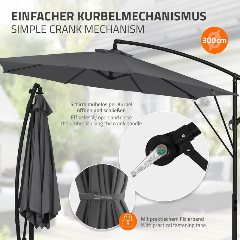Ampelschirm Ø 300 cm Anthrazit 360° Alu Sonnenschirm mit Kurbel, Abdeckung & Ständer ML-Design