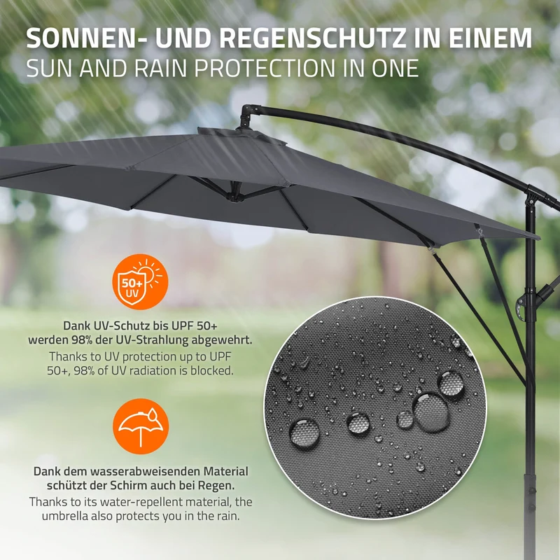 Ampelschirm Ø 300 cm Anthrazit 360° Alu Sonnenschirm mit Kurbel, Abdeckung & Ständer ML-Design